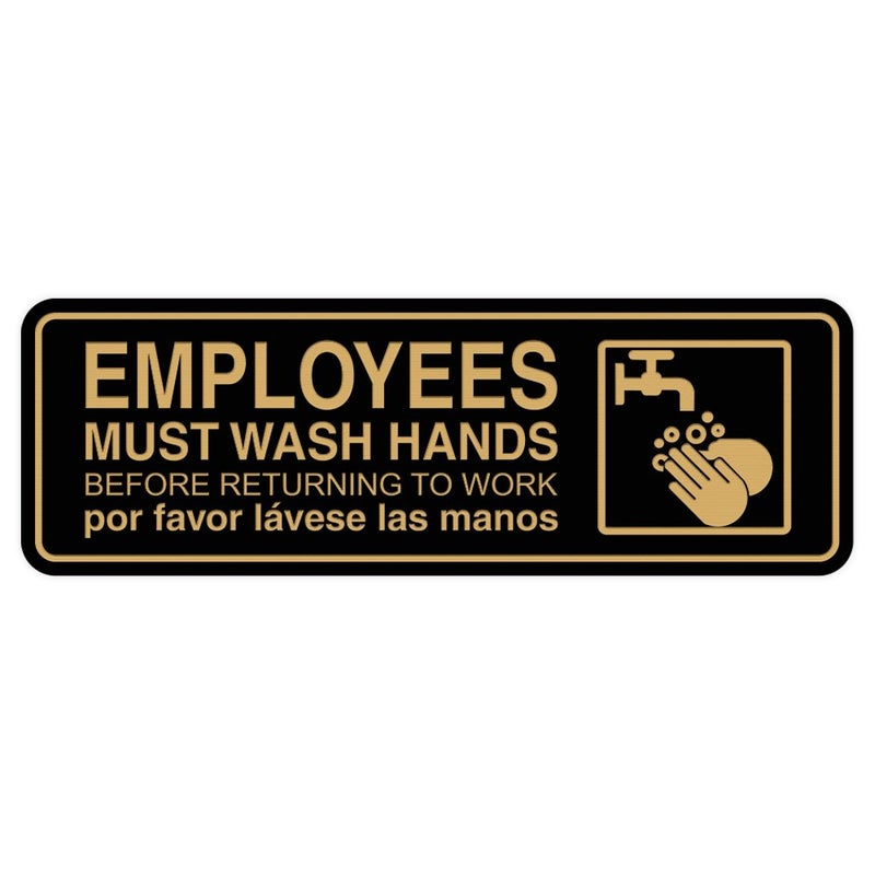 All Quality Standard Employees Must Wash Hands Door/Wall Sign - Black/Gold - Small - Image 1